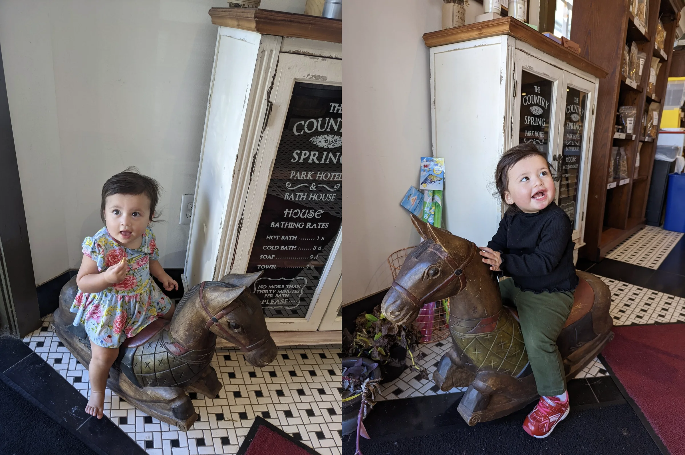 Two photographs side by side of two small girls, years apart, each sitting on the same carved wooden horse on the black-and-white tile floor inside Henderson & Kane.