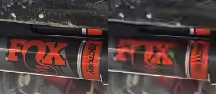 Enlarged matching crops, quality 60 on the left and quality 10 on the right. The right side loses lettering edges and replaces fine scratches with broad patches.
